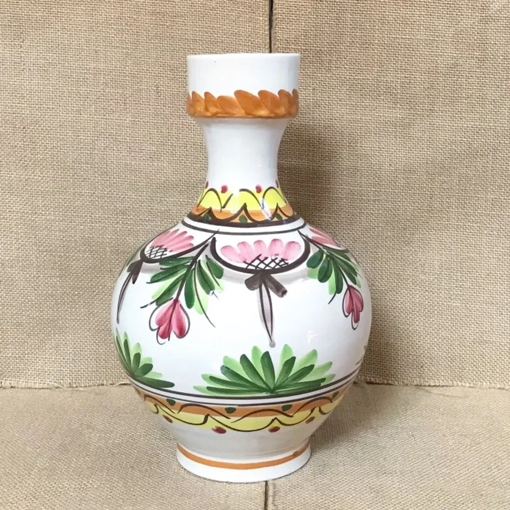 Hand Painted Bulbous Shabby Floral Vase Folk Art Pottery Cottage Core Colorful